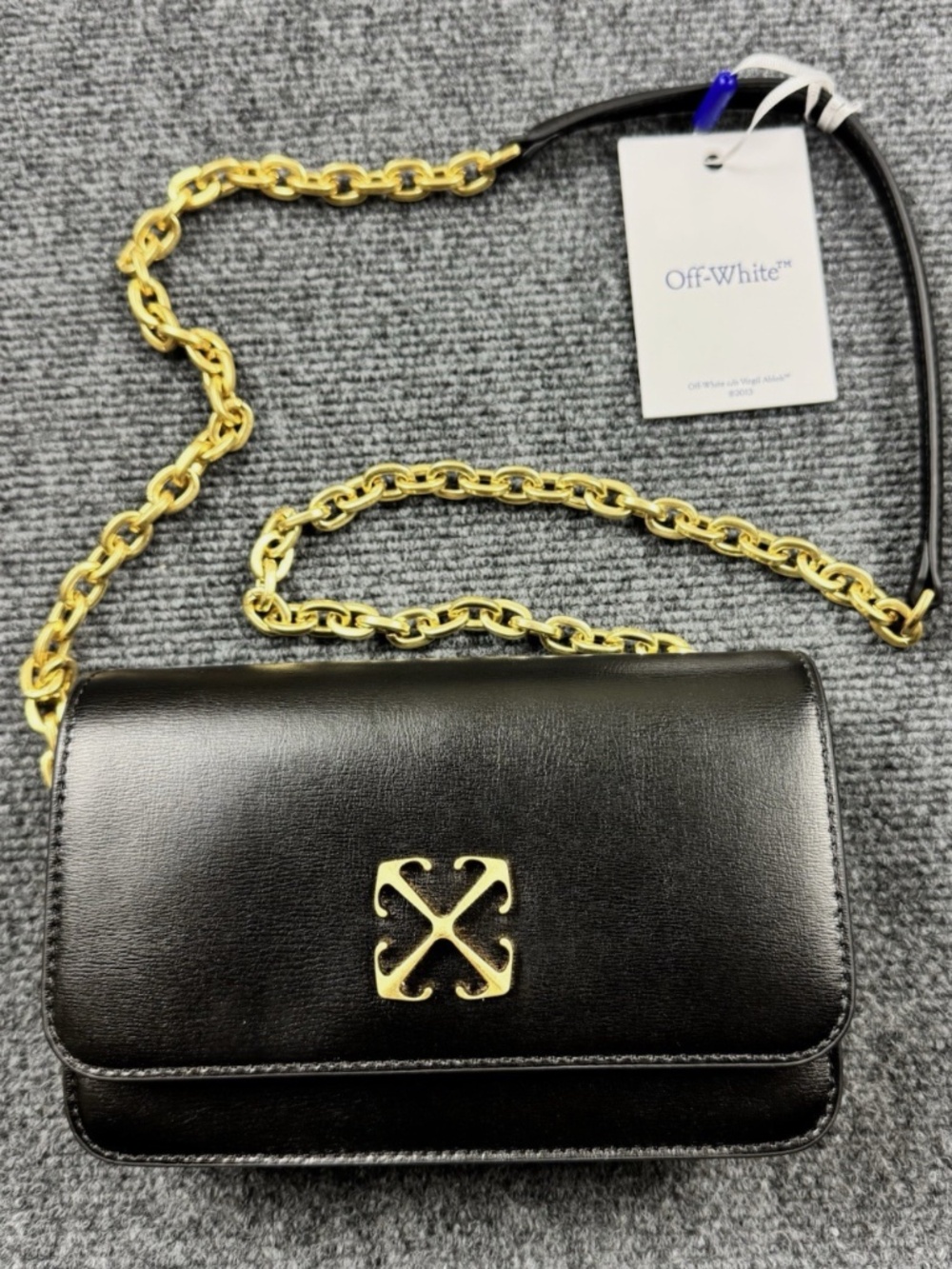 OFF-WHITE Jitney Leather Wallet on Chain Crossbody Bag Black Golden Logo 3601